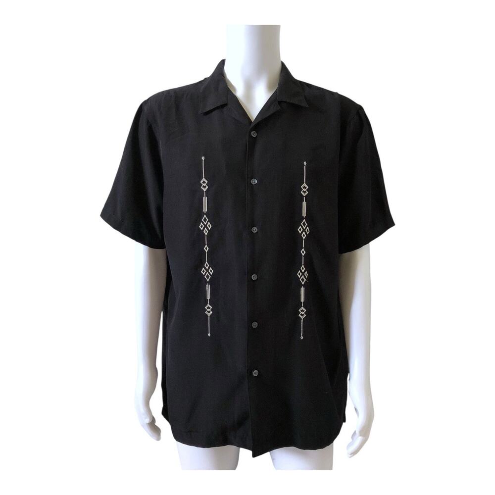 David Taylor Button Up Shirt Mens Large Black Embroidered Short Sleeve Collared